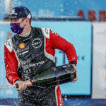 Nissan Formula E - R10 - Oliver Rowland celebrates the win in Berlin. Photo Credit LAT -source copia